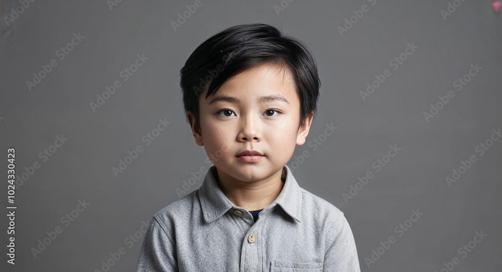 Kid Asian boy with delicate features and straight black hair laughing dark gray background Kid Asian boy with delicate features and straight black hair laughing dark gray background
