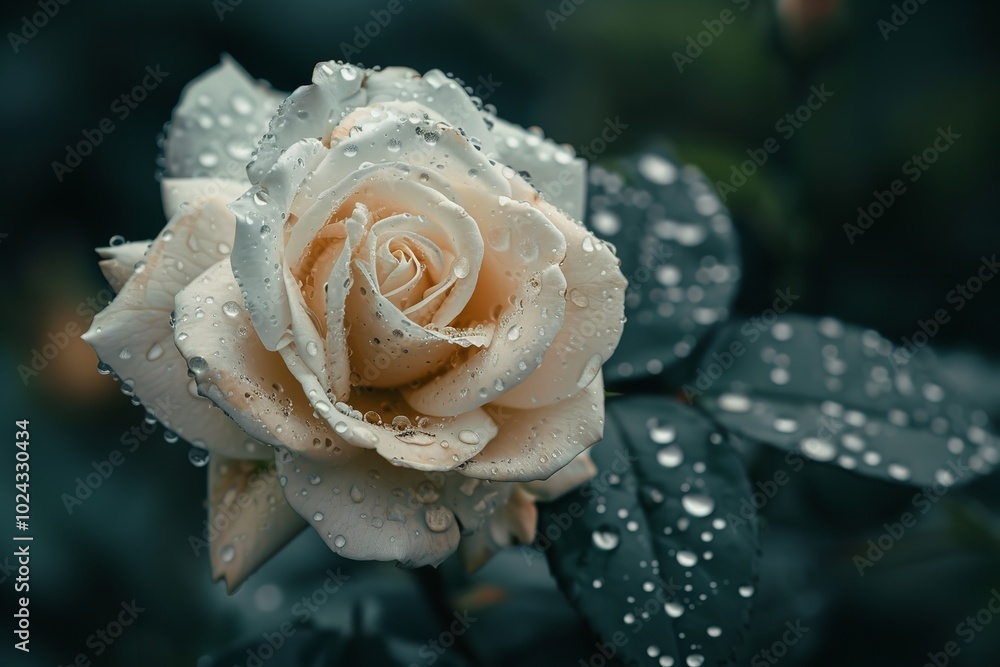 close-up of a tiny white rose with raindrops and a large copy space, Generative AI. close-up of a tiny white rose with raindrops and a large copy space, Generative AI.