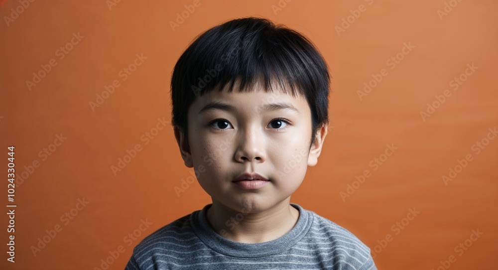 Kid Asian boy with high forehead and straight black hair focused dark orange background Kid Asian boy with high forehead and straight black hair focused dark orange background