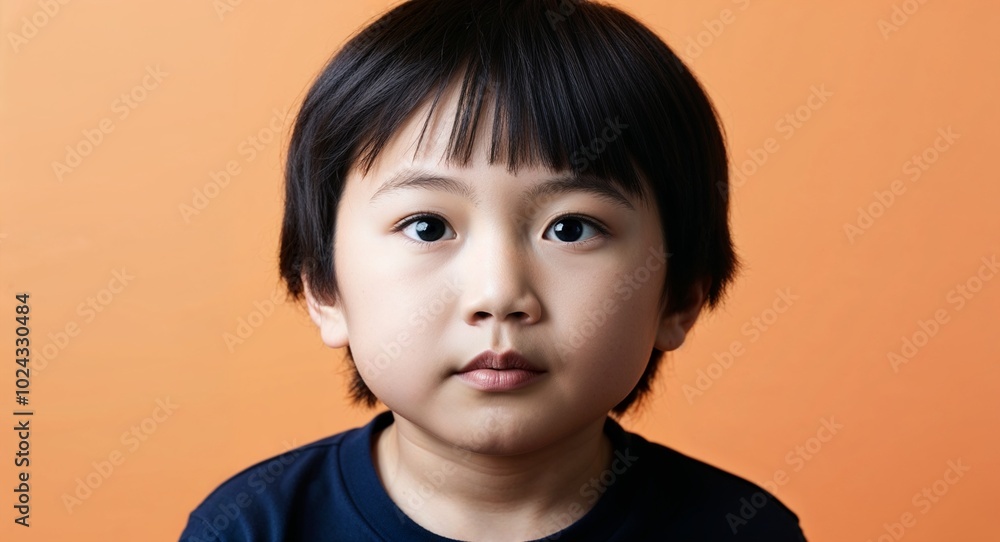 Kid Asian boy with round face and straight black hair focused light orange background Kid Asian boy with round face and straight black hair focused light orange background