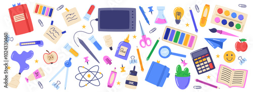 Back to school. Student object, study education. Element background science, icon design. Paper, book, globe, plasticine and paints, sticker collection. Vector garish cartoon isolated illustration