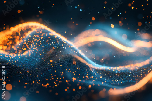 An elegant wave of light and particles in soft blues and oranges flows across a dark