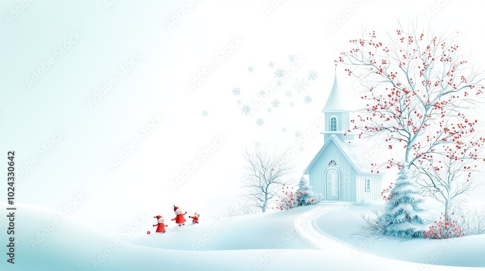 Watercolor Christmas scene with snow-covered ground, children playing in the snow, and snowballs flying, set on a clean white background in a warm cartoon style Watercolor Christmas scene with snow-covered ground, children playing in the snow, and snowballs flying, set on a clean white background in a warm cartoon style