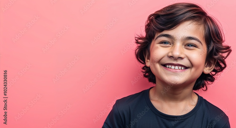 Kid Latino boy with round cheeks and wavy brown hair smirking warm pink background Kid Latino boy with round cheeks and wavy brown hair smirking warm pink background