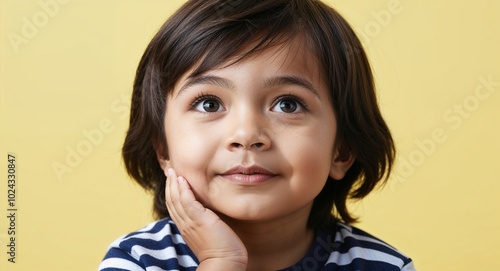 Kid Latino boy with soft features and straight brown hair thoughtful pale yellow background