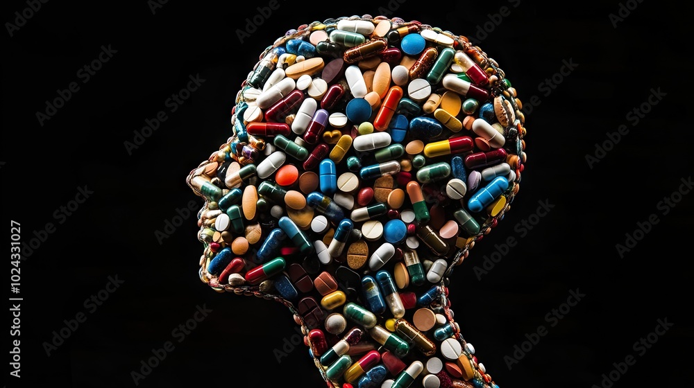 Fototapeta premium A human head silhouette filled with colorful pills, symbolizing mental health awareness and medication support