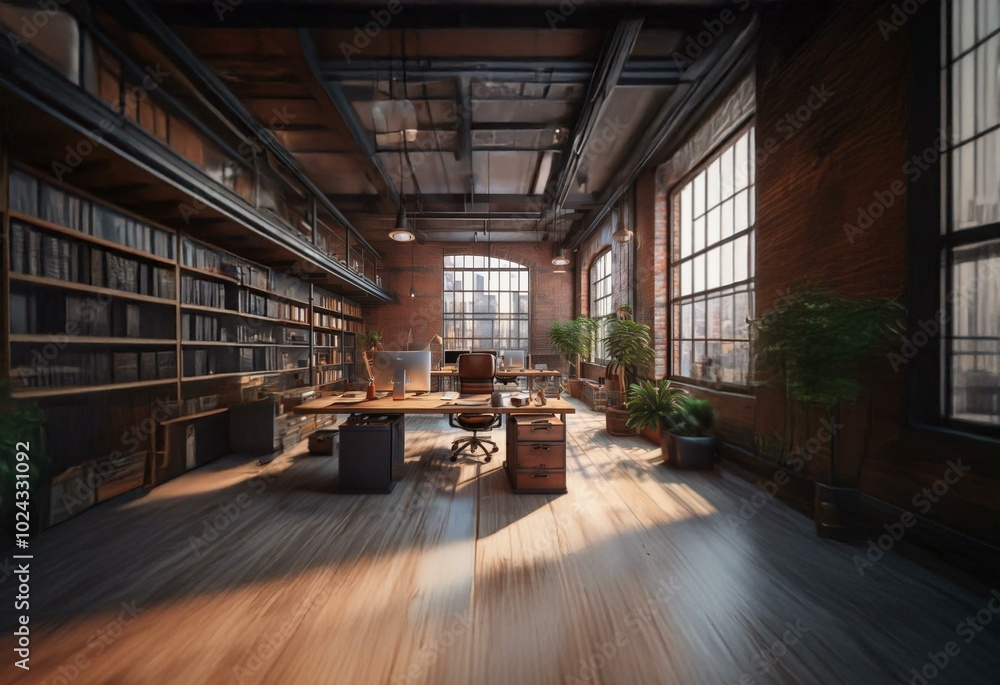 A modern loft office space with large windows, exposed brick walls, a large desk, and a bookcase. A modern loft office space with large windows, exposed brick walls, a large desk, and a bookcase.