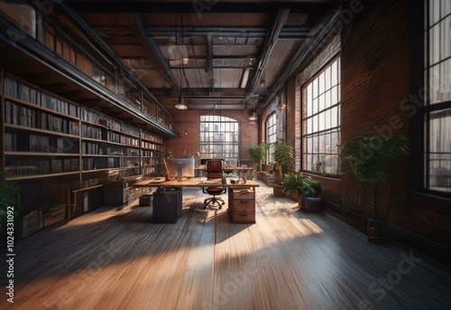 A modern loft office space with large windows  exposed brick walls  a large desk  and a bookcase.