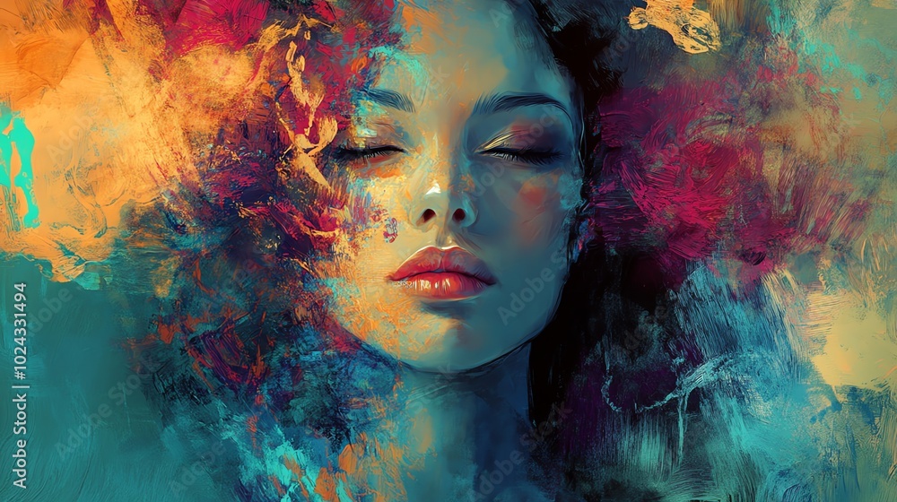 Abstract portrait painting of a woman with closed eyes, featuring a vibrant mix of colors and textures. Abstract portrait painting of a woman with closed eyes, featuring a vibrant mix of colors and textures.