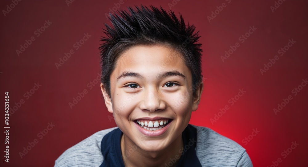 Teen Asian boy with wide smile and spiked hair focused dark red background Teen Asian boy with wide smile and spiked hair focused dark red background