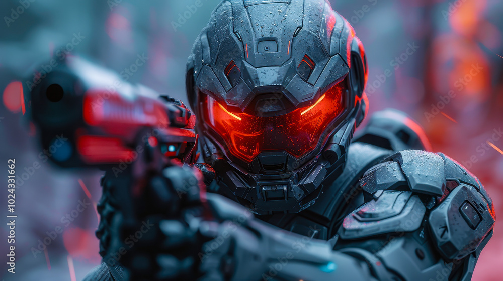 Futuristic Sci-Fi Gaming Character in High-Tech Armor Aiming Weapon and Shooting in Neon Lit Environment Futuristic Sci-Fi Gaming Character in High-Tech Armor Aiming Weapon and Shooting in Neon Lit Environment