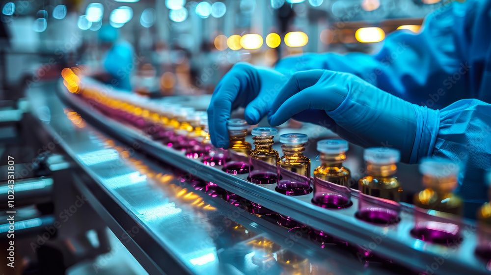 Pharmacist Scientist in Sanitary Gloves Examining Medical Vials on Production Line Conveyor Belt in Pharmaceutical Healthcare Factory Manufacturing Prescription Drugs at Night Pharmacist Scientist in Sanitary Gloves Examining Medical Vials on Production Line Conveyor Belt in Pharmaceutical Healthcare Factory Manufacturing Prescription Drugs at Night