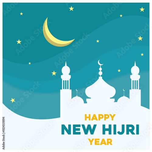 Happy Hijri New Year greeting card. Mosque with moon and stars in bright colors. Islamic New Year concept. Flat vector illustration.