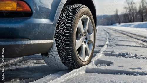 Close up of car tire driving on snowy road in winter