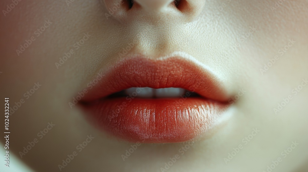 Naklejka premium Woman's half face, bright white background, smoothing lip treatment with soft sheen, flushed cheeks, angelic glow, simple and chic design.