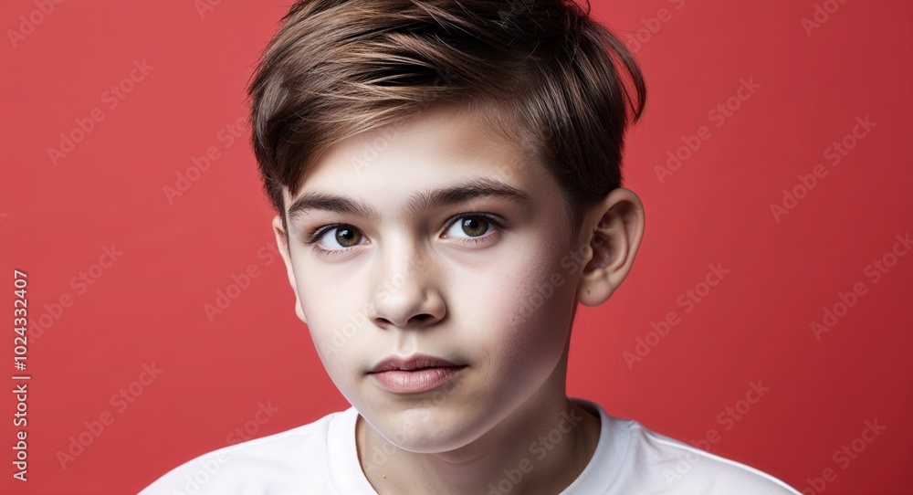Φωτογραφία Teen white boy with sharp chin and short brown hair thoughtful soft red backgrou
