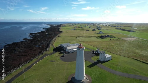 Gardur Lighthouse in Reykjanes Peninsula, Iceland. Filmed with a drone. Different shots available in my portfolio. photo