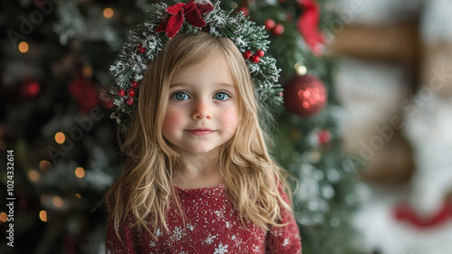 A young child wearing a festive wreath smiles joyfully beside a decorated Christmas tree