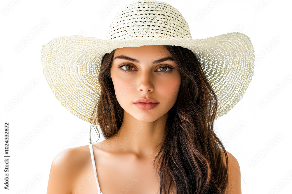Beautiful young woman with beach sunhat isolated on white Beautiful young woman with beach sunhat isolated on white