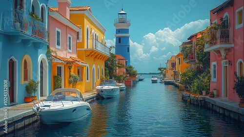 A colorful cityscape along the waterway in The Bradley, showcasing vibrant buildings that reflect beautifully in the water. This picturesque scene captures the essence of urban life, where nature and  photo