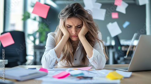 Upset, tired and worried young woman holding her head at work photo