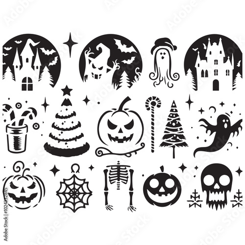  Halloween clip art assortment including jack-o'-lanterns, cobwebs, and playful ghosts for festive designs.