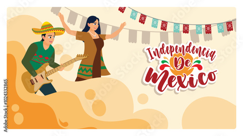 Women dancing to Mariachi music. Cinco de Mayo celebration with music and hanging flags. Cinco de Mayo concept. Flat vector illustration.