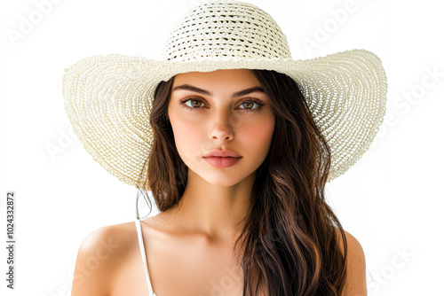 Beautiful young woman with beach sunhat isolated on white