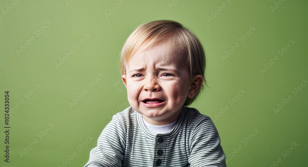 Toddler white boy with small nose and straight blonde hair crying soft green background Toddler white boy with small nose and straight blonde hair crying soft green background