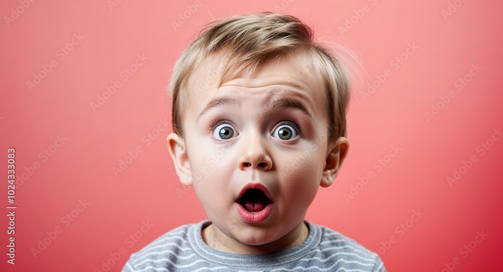 Toddler white boy with wide eyes and short blonde hair surprised light red background Toddler white boy with wide eyes and short blonde hair surprised light red background