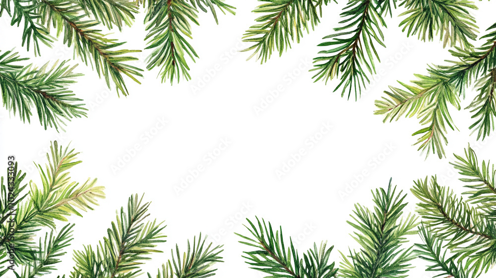 Fototapeta premium Christmas Day celebration with festive greenery and pine branches framing a wintery backdrop