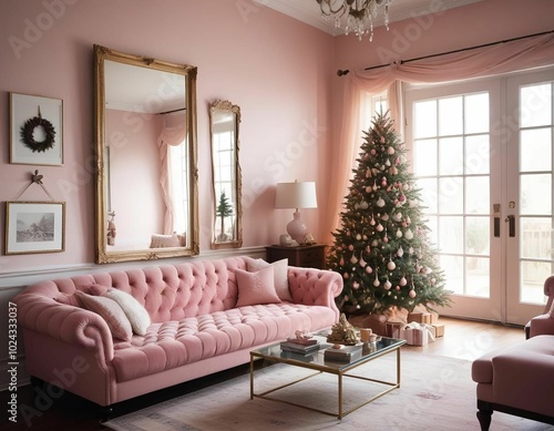 Scandinavian living room, pink sofa, Christmas tree, Christmas decoration, mirror on the wall, tall window