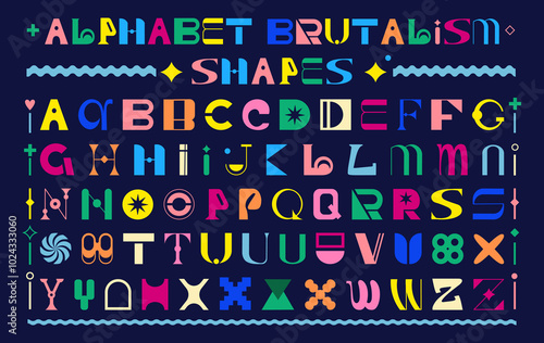 Geometric font. Uppercase letter. Brutalism design. Cool alphabet for poster typography. Abstract color shape. Alphabetical type. Flat typo mix. Graphic random modern logo. Vector tidy y2k symbols set