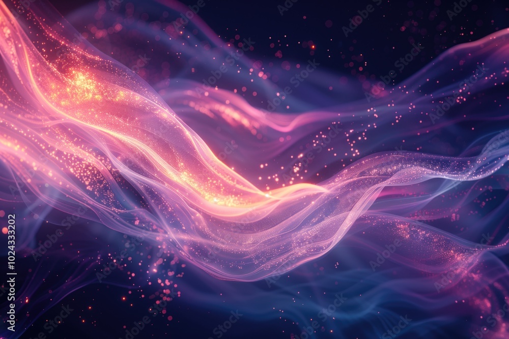 Abstract neon light waves with sparkling particles on dark background