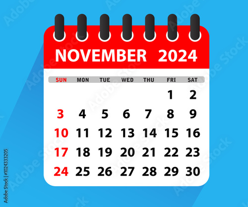 November 2024 Calendar Leaf. Calendar 2024 in flat style. November 2024 Calendar. Week starts on Sunday. Blank Calendar Template. Stationery Design. Vector Illustration