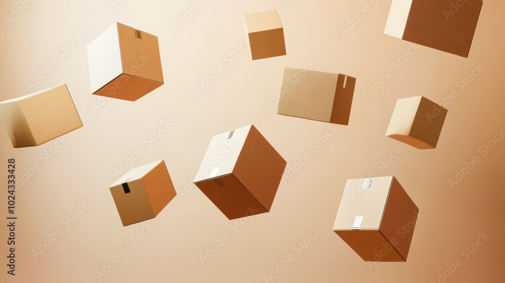 Obraz premium Cardboard boxes of various sizes floating in mid-air against a soft gradient background