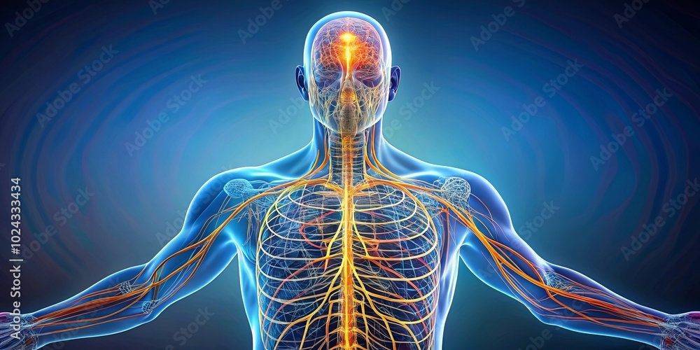 A detailed anatomical depiction of the human nervous system, with intricate pathways extending from the brain to the extremities, showcasing the complex network of communication within the body. A detailed anatomical depiction of the human nervous system, with intricate pathways extending from the brain to the extremities, showcasing the complex network of communication within the body.