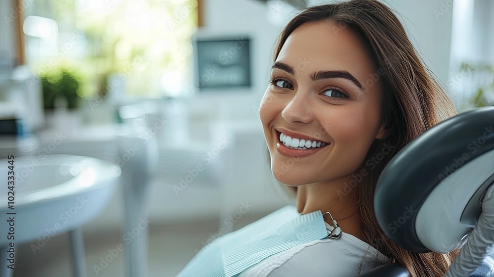 Smiling Woman in Dental Chair with Perfect Teeth Smiling Woman in Dental Chair with Perfect Teeth