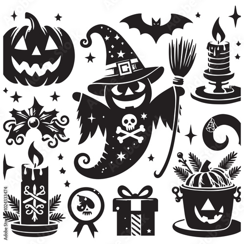  Halloween clip art assortment including jack-o'-lanterns, cobwebs, and playful ghosts for festive designs.