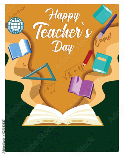 Open book with school supplies on top. Books are the source of all knowledge. Teacher's day concept. Flat vector illustration.