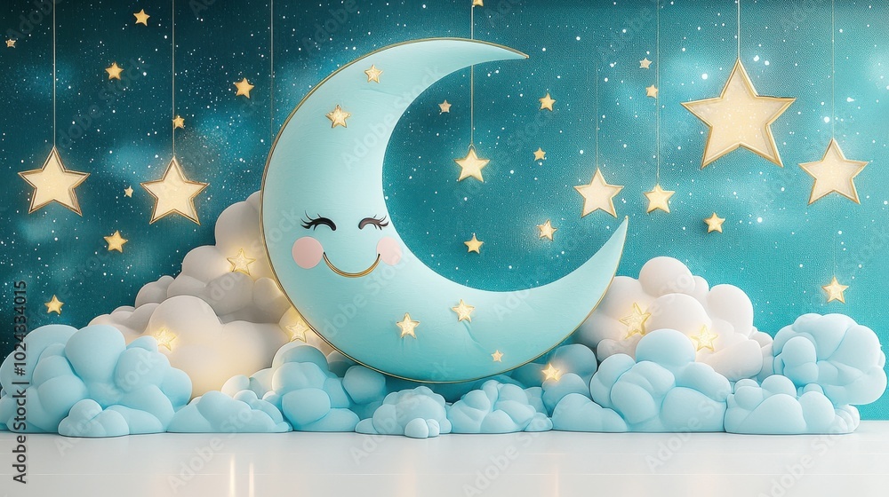 A whimsical blue soft sculpture of a smiling moon, floating in a starry night sky with soft clouds and twinkling stars A whimsical blue soft sculpture of a smiling moon, floating in a starry night sky with soft clouds and twinkling stars