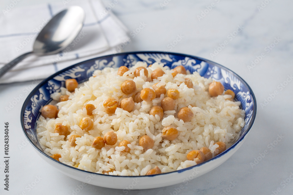 Turkish Rice with chickpea served, Turkish name; Nohutlu pilav or pilaf Turkish Rice with chickpea served, Turkish name; Nohutlu pilav or pilaf