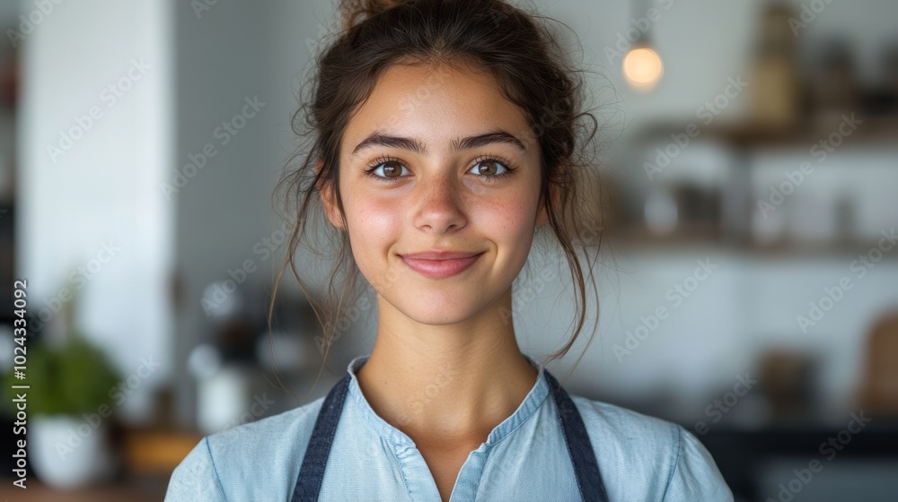 Fototapeta premium 26 years old Colombian woman, hair tied back and with surprised eyes. She is wearing a light blue collared shirt, dark blue apron. She looks at the camera happily and with wide open eyes.