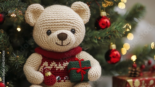 Wallpaper Mural Crocheted teddy bear with a gift, surrounded by Christmas tree decorations. Torontodigital.ca