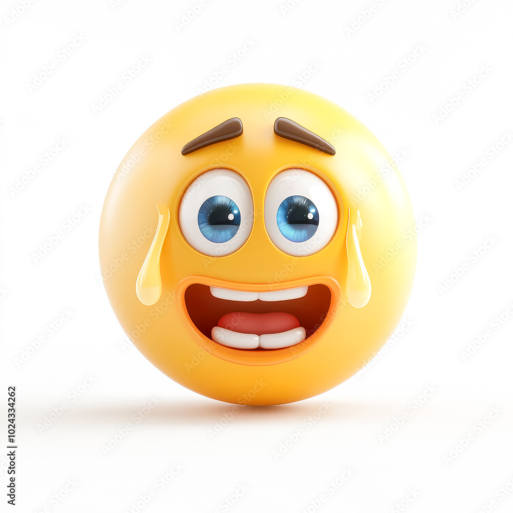Fototapeta premium Face with tears of joy, 3D emoji isolated on white background, front view, emoji style