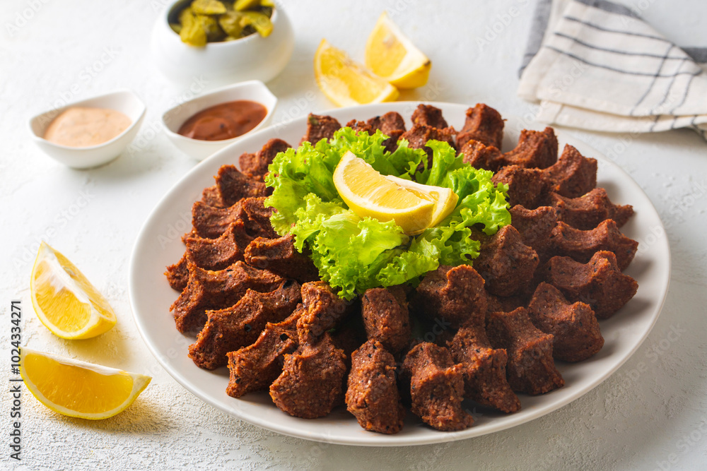 Traditional delicious Turkish food; Turkish name; Cig kofte (raw meatball in Turkish) with lettuce