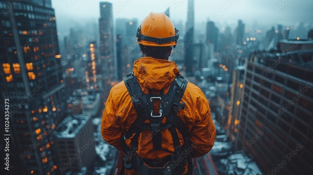 A construction worker in a yellow hard hat and safety gear stands on a rooftop overlooking a city skyline. A construction worker in a yellow hard hat and safety gear stands on a rooftop overlooking a city skyline.
