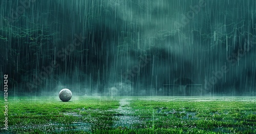 Gorgeous green grass shimmers in the intense downpour on a dramatic soccer field, where a lone soccer ball lays, creating a moving scene of challenge, Generative AI.