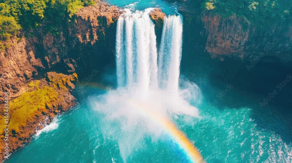 Fototapeta premium A waterfall generating mist and rainbows as it crashes into a pool below, symbolizing the beauty and strength of water, waterfall mist, natural water energy