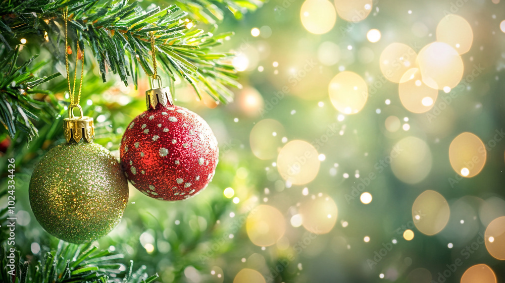 Obraz premium Decorative Christmas ornaments hang from a pine tree branch on a festive holiday morning